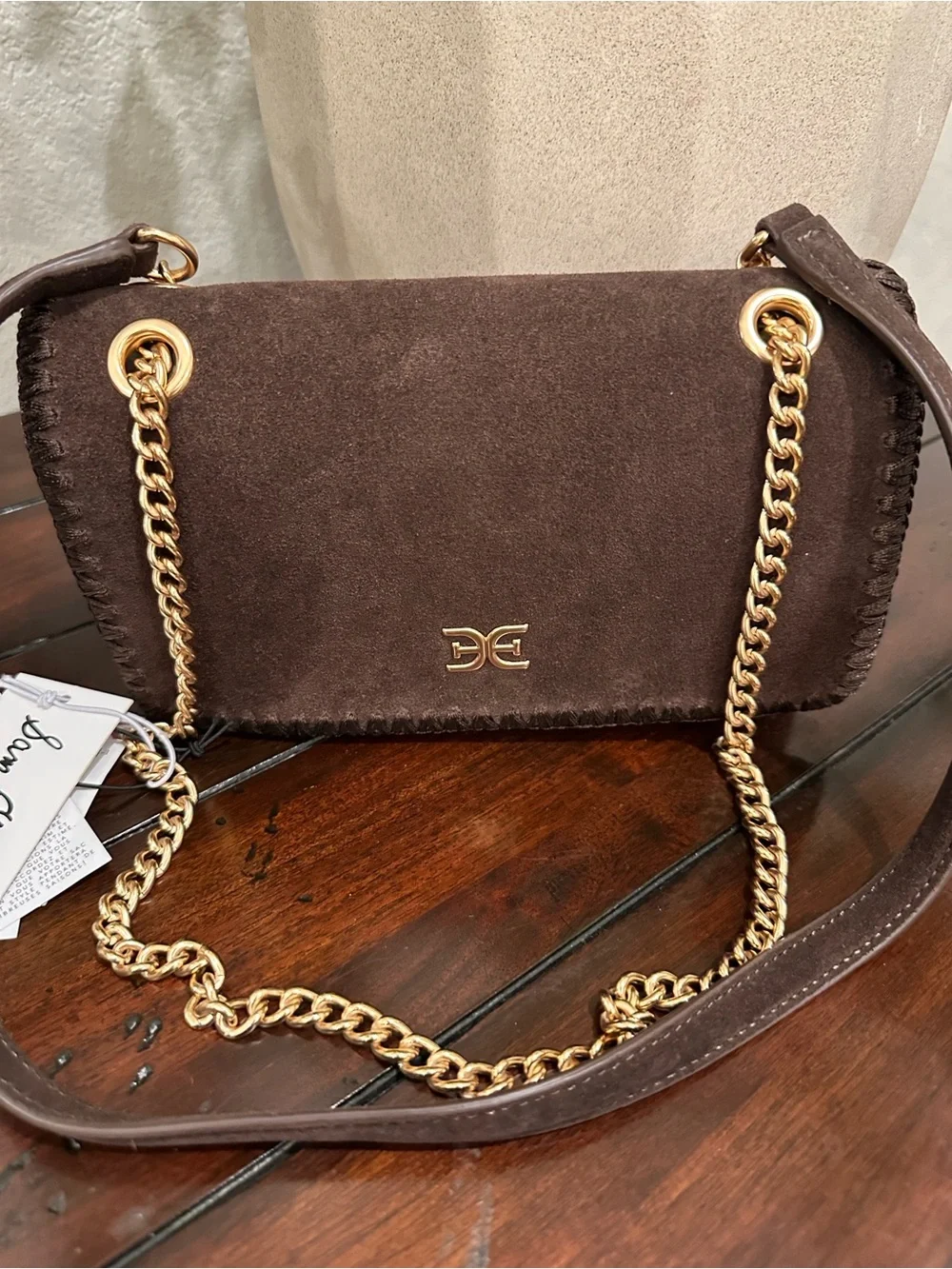 Sam Edelman Brown Suede and Gold Chain Crossbody Bag